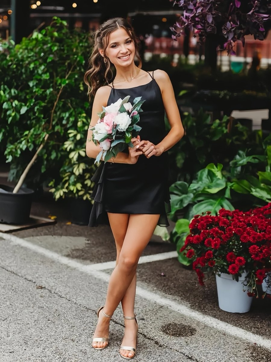 Black - Scoop Neck Satin Ruffle Short Homecoming Dress