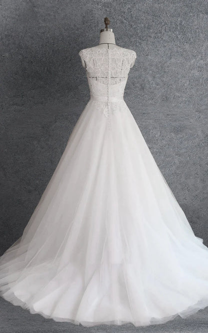 Ball Gown Cap Sleeve Lace Satin Dress With Beading Appliques Illusion