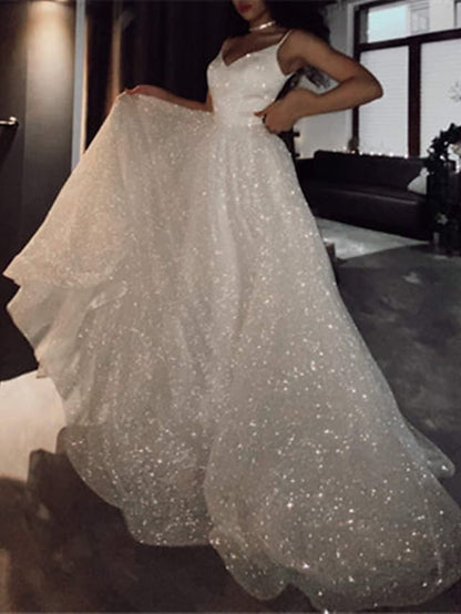 Ball Gown Prom Dresses Glittering Dress Wedding Party Court Train Sleeveless Spaghetti Strap Tulle with Sequin