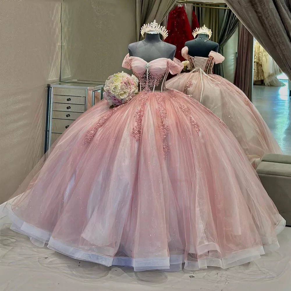 Ball-Gown Tulle Light Pink Off-the-Shoulder Quinceanera Dress with Appliques