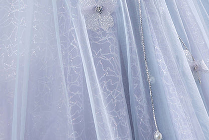 Ball-Gown Tulle Off The Shoulder Pearls Butterflies Quinceanera Dress with Appliqued