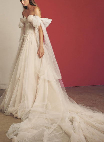 Beach Pleated Tulle Off-The-Shoulder A-Line Wedding Dresses With Slit