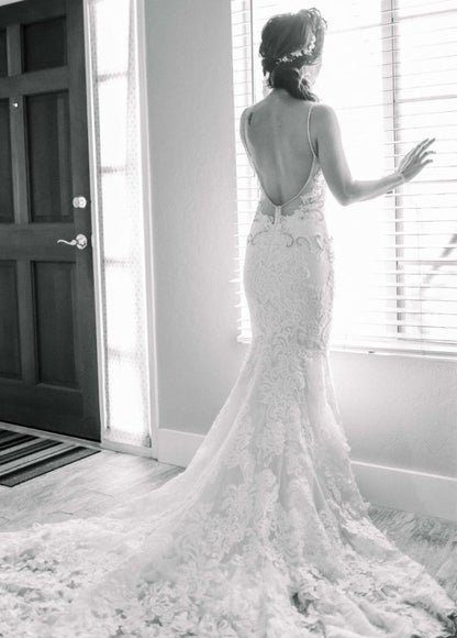 Beaded Lace Mermaid Spaghetti Straps Sleeveless Wedding Dresses
