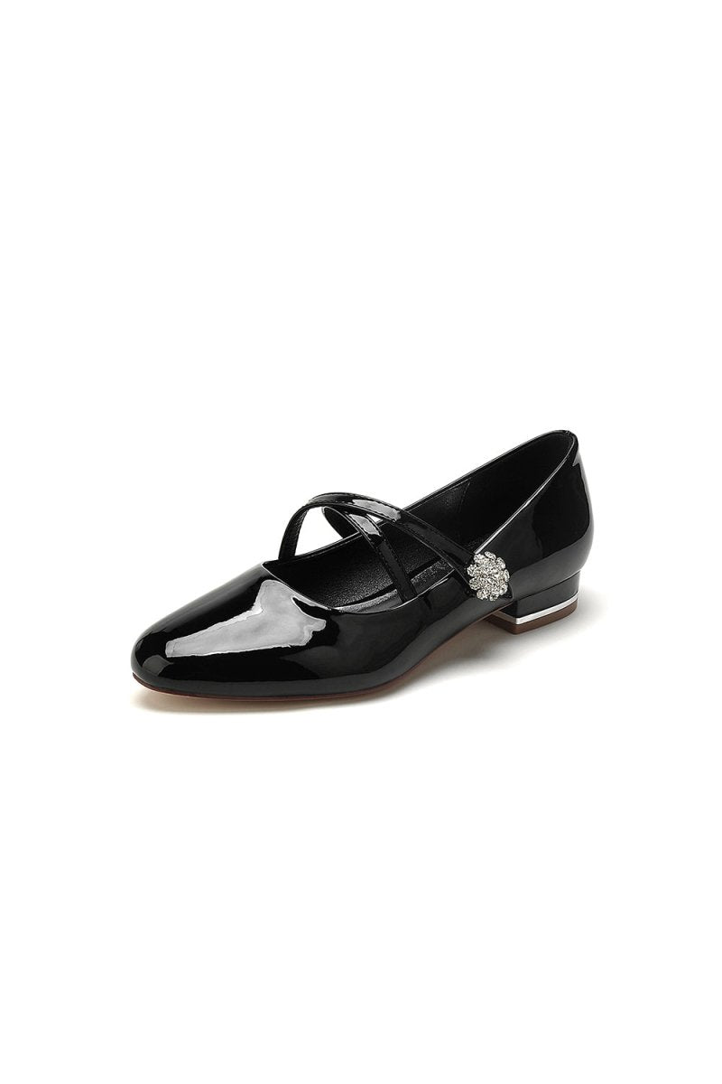 Beaded Pointed Toe Strap Buckle Patent Leather Low Heels