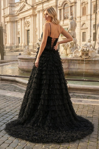 Black A-Line Tiered Sequins Tulle Long Prom Dress
