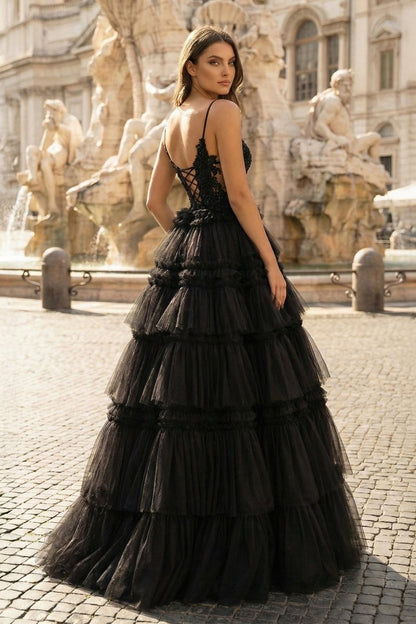 Black Beaded Spaghetti Strap Ruffle Tiered Ball Gown