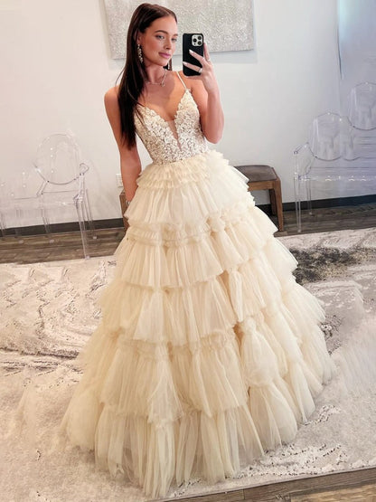 Black Beaded Spaghetti Strap Ruffle Tiered Ball Gown