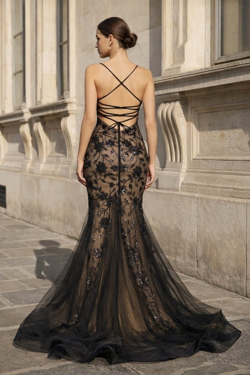 Black-Nude Mermaid Spaghetti Straps Tulle Long Prom Dresses With Floral Sequins