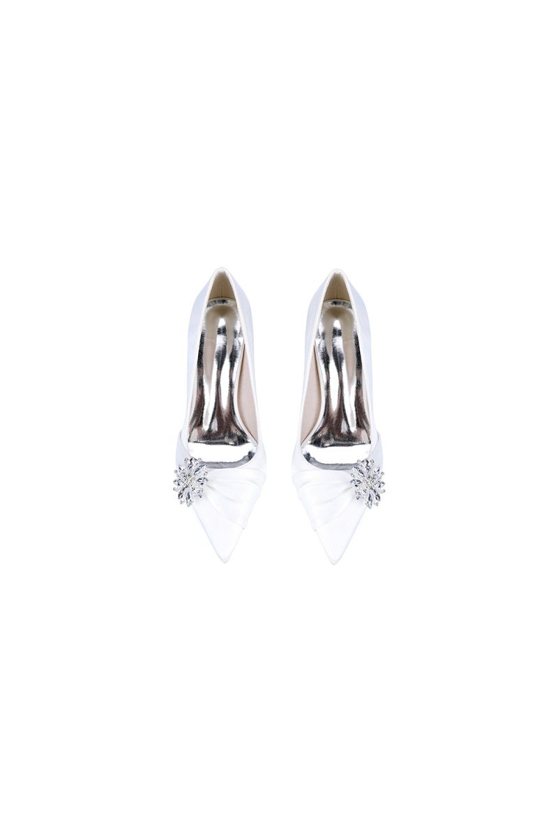 Black Satin High Heels with a Crystal Flower Accent