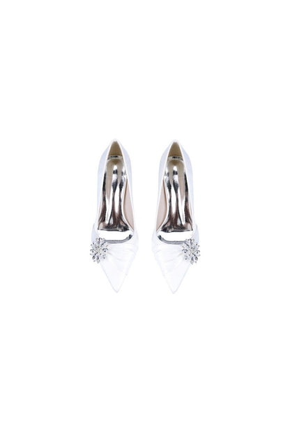 Black Satin High Heels with a Crystal Flower Accent