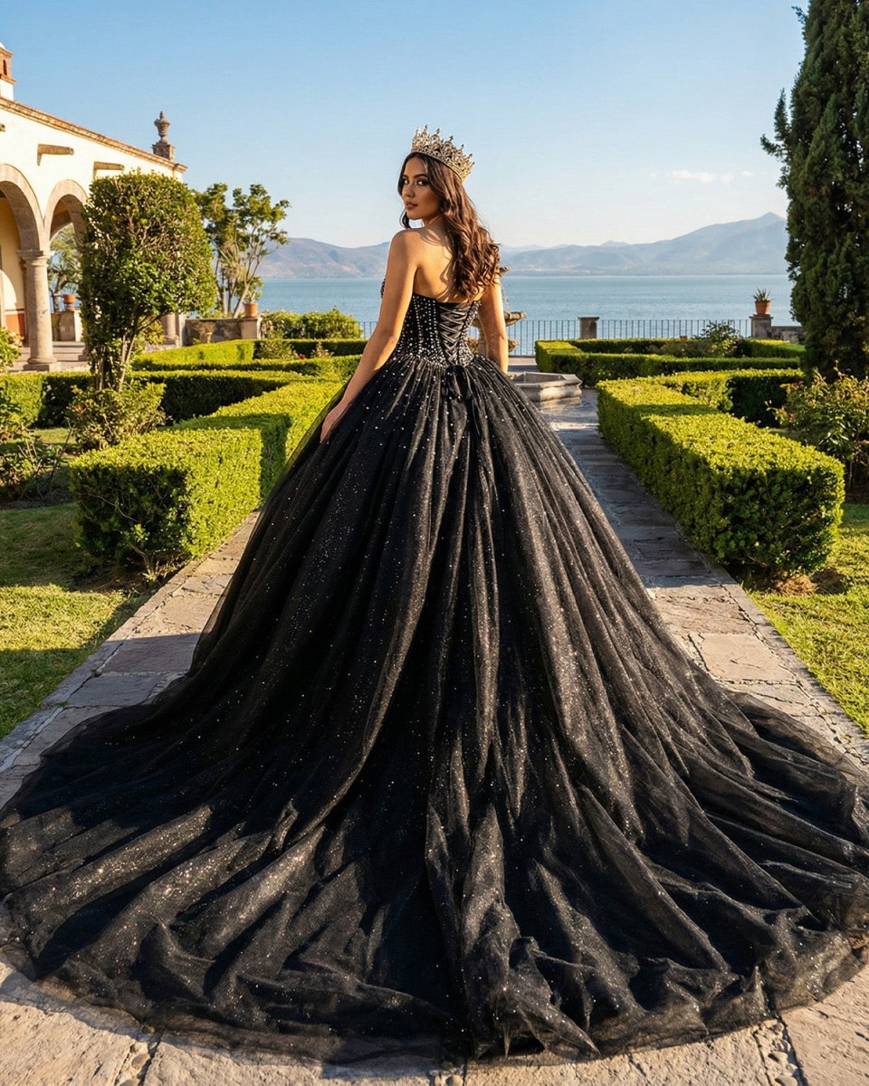 Black Sweetheart Tulle Quinceanera Dresses With Beadings