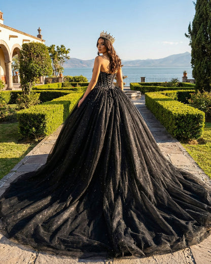 Black Sweetheart Tulle Quinceanera Dresses With Beadings