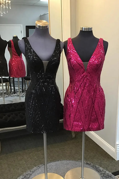 Black V-neck Sequins Bodycon Mini Party Dresses with Open Back