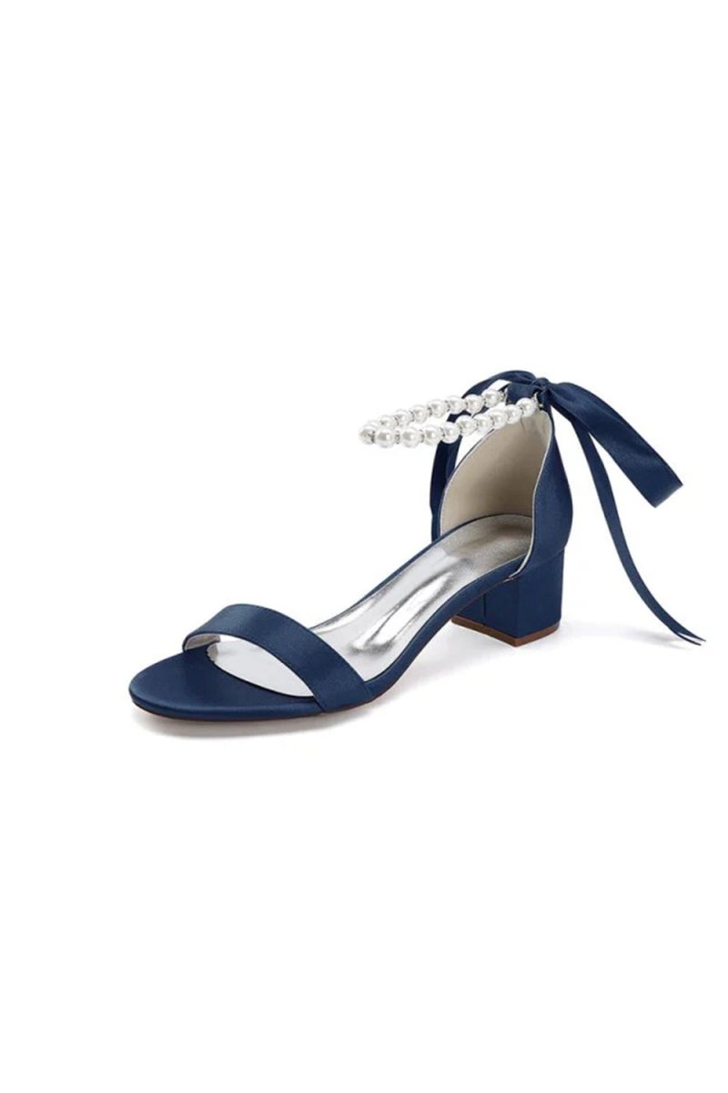 Block-Heel Sandal Adorned with Pearl Ankle Band and Ribbon Bow
