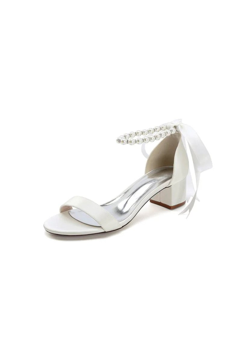 Block-Heel Sandal Adorned with Pearl Ankle Band and Ribbon Bow