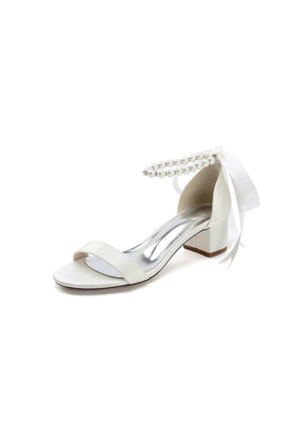 Block-Heel Sandal Adorned with Pearl Ankle Band and Ribbon Bow