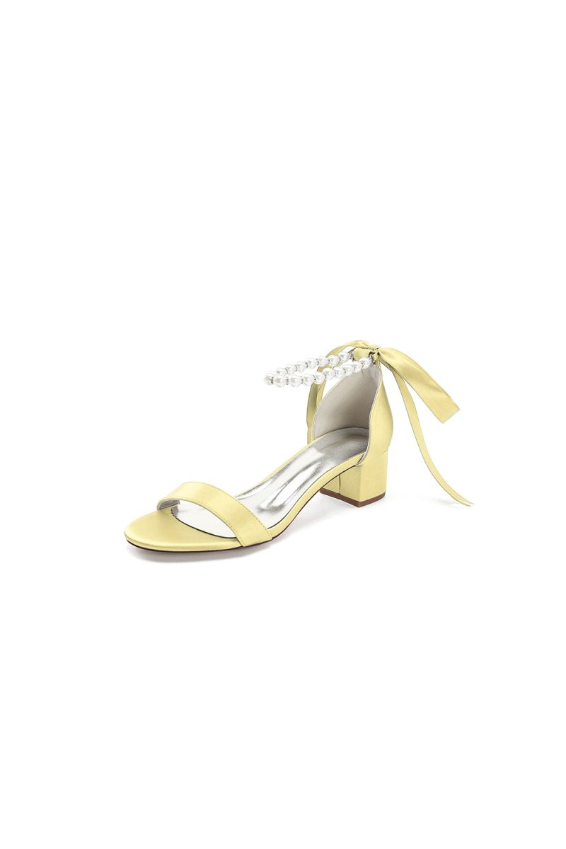 Block-Heel Sandal Adorned with Pearl Ankle Band and Ribbon Bow