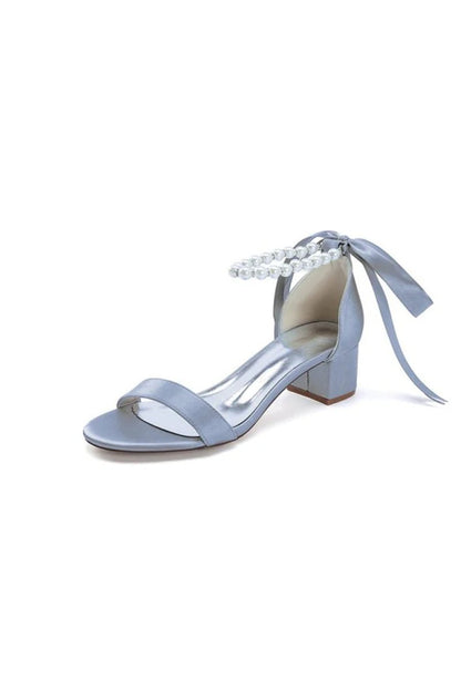 Block-Heel Sandal Adorned with Pearl Ankle Band and Ribbon Bow