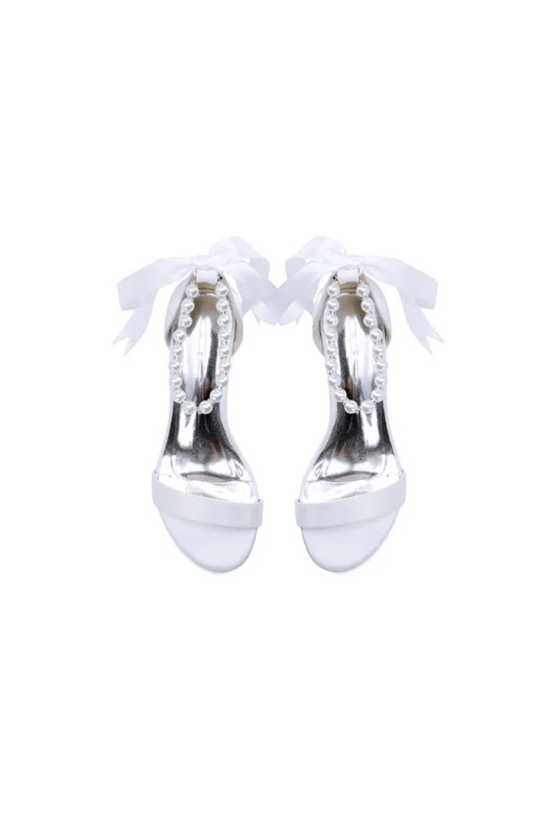 Block-Heel Sandal Adorned with Pearl Ankle Band and Ribbon Bow
