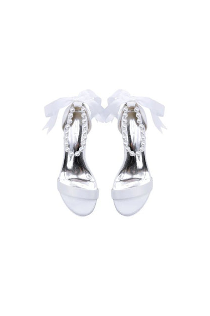 Block-Heel Sandal Adorned with Pearl Ankle Band and Ribbon Bow