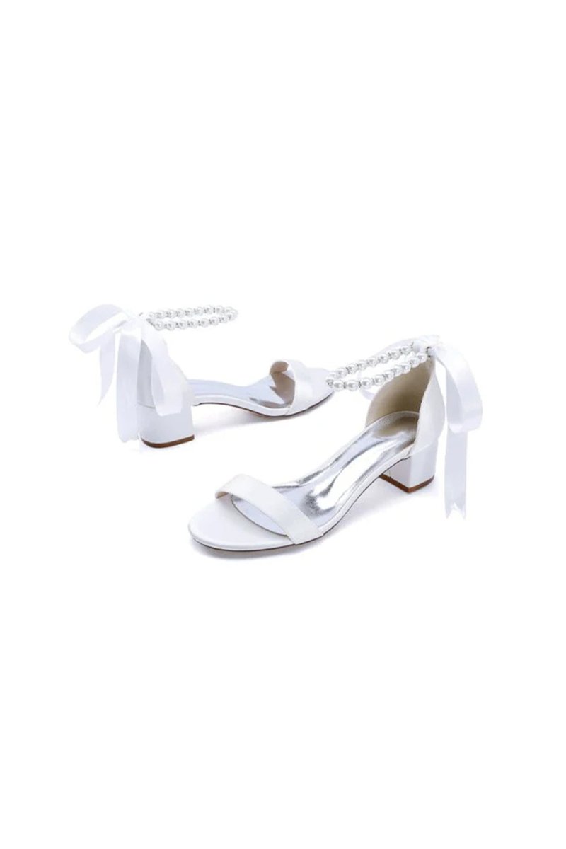 Block-Heel Sandal Adorned with Pearl Ankle Band and Ribbon Bow