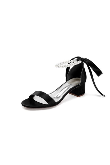 Block-Heel Sandal Adorned with Pearl Ankle Band and Ribbon Bow