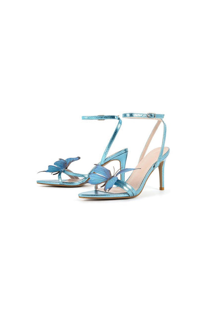 Blue Butterfly Ankle Buckle Open Toe Stiletto High Heels