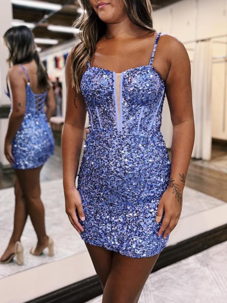 Blue Sequin Scoop Neck Lace-Up Short Tight Homecoming Dress