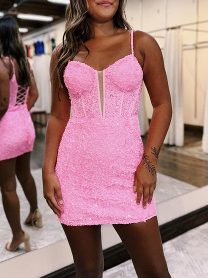 Blue Sequin Scoop Neck Lace-Up Short Tight Homecoming Dress