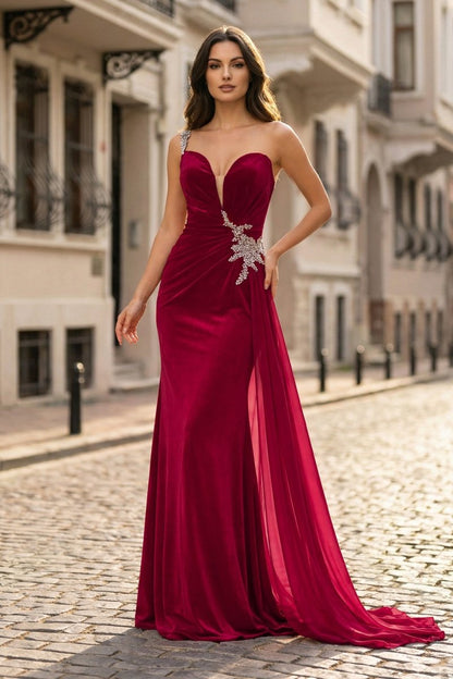 Black Rhinestone One Shoulder A Line Prom Dress with Slit