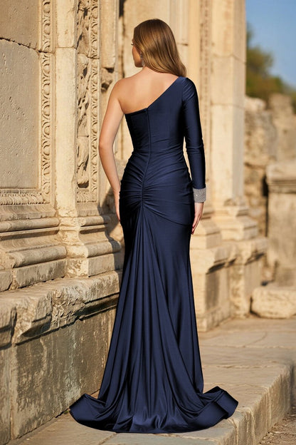 Blue One-Sleeve Mermaid Long Gown with Slit
