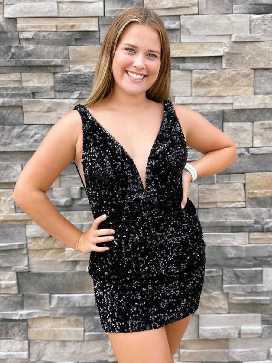 Blue Bodycon V Neck Sequins Mini Party Dresses
