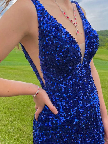 Blue Bodycon V Neck Sequins Mini Party Dresses