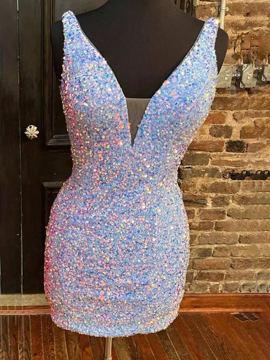 Blue Bodycon V Neck Sequins Mini Party Dresses