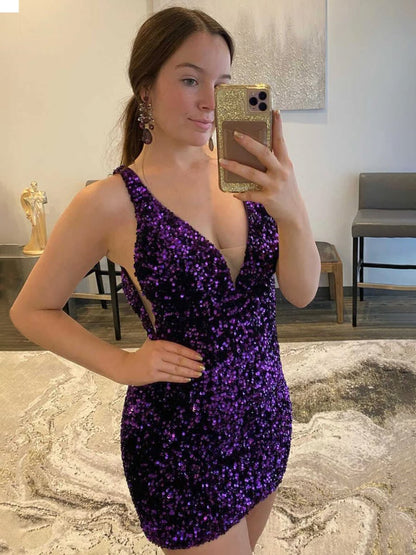 Blue Bodycon V Neck Sequins Mini Party Dresses