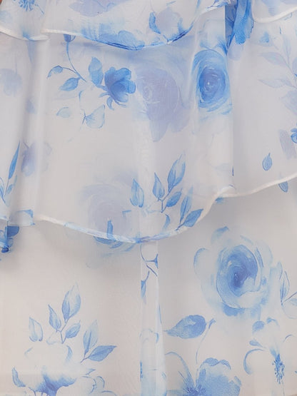 Blue - A Line Strapless Floral Chiffon Homecoming Dress with Beads