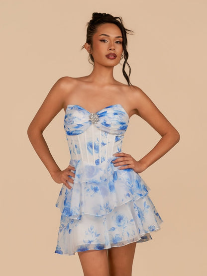 Blue - A Line Strapless Floral Chiffon Homecoming Dress with Beads