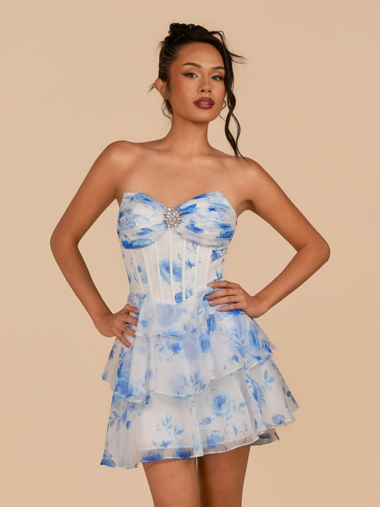 Blue - A Line Strapless Floral Chiffon Homecoming Dress with Beads