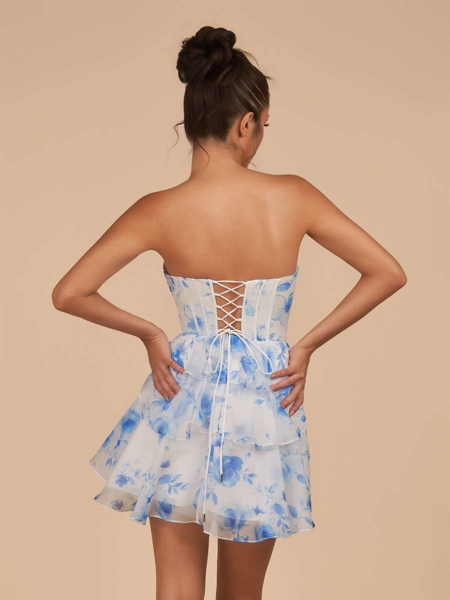 Blue - A Line Strapless Floral Chiffon Homecoming Dress with Beads