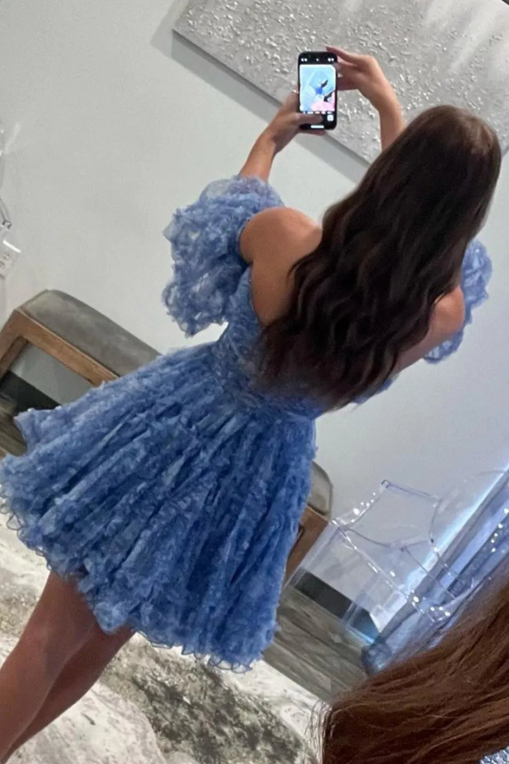 Blue Puff Sleeves Ruffles A-line Prints Homecoming Dress