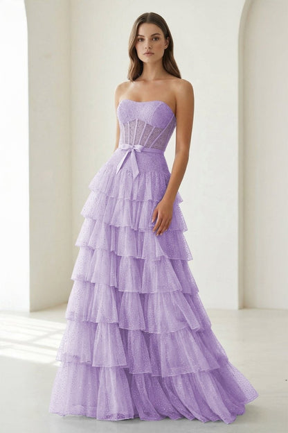 Black-White Strapless A Line Tulle Ruffled Formal Prom Dresses With Beading