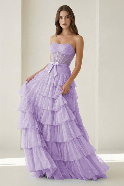 Black-White Strapless A Line Tulle Ruffled Formal Prom Dresses With Beading