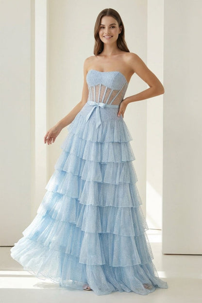Black-White Strapless A Line Tulle Ruffled Formal Prom Dresses With Beading