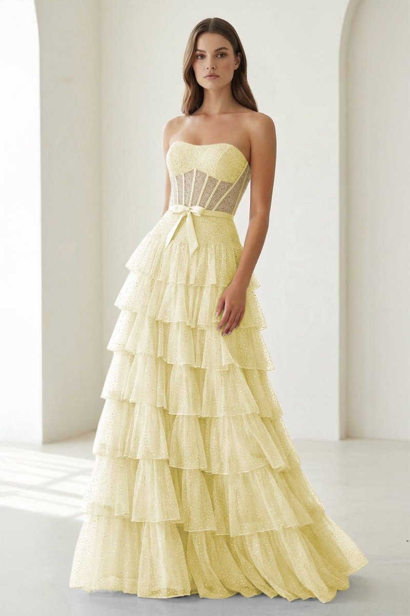 Black-White Strapless A Line Tulle Ruffled Formal Prom Dresses With Beading