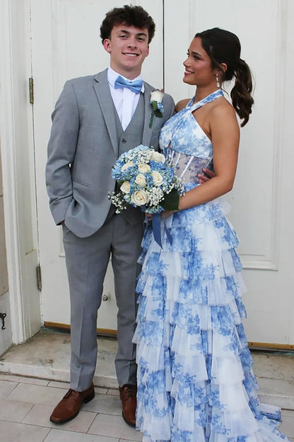 Blue Halter A Line Floral Chiffon Formal Prom Dresses With Ruffles