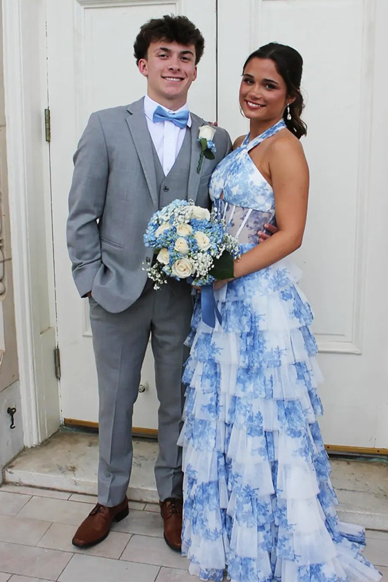 Blue Halter A Line Floral Chiffon Formal Prom Dresses With Ruffles