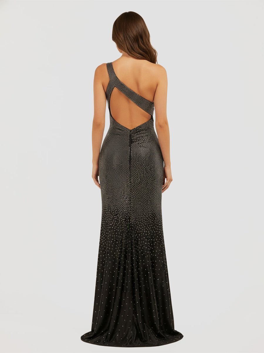 Black One Shoulder Sheath Beaded Prom Dress With Split