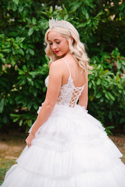 Black Beaded Spaghetti Strap Ruffle Tiered Ball Gown