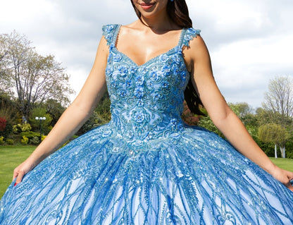 Ball Gown Lace V-Neck Sky Blue Quinceanera Dress