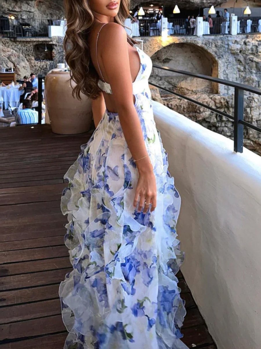 Blue A-Line Chiffon Spaghetti Strap Prom Dresses